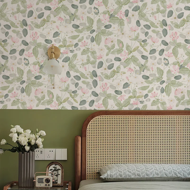 Yellow Pink Floral Self-adhesive Wallpaper Green Leaf Flower Waterproof PVC Wallpaper Peel And Stick Furniture Cabinet Sticker