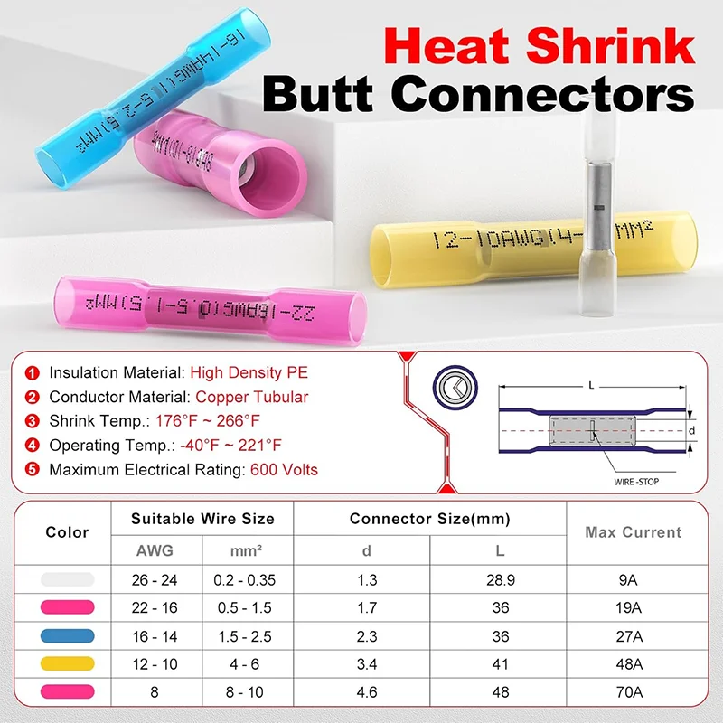 50 PCS  Heat Shrink Crimp Terminals Waterproof Fully Insulated Seal Butt Electrical Wire Connectors Kit Assortment  16-14 AWG
