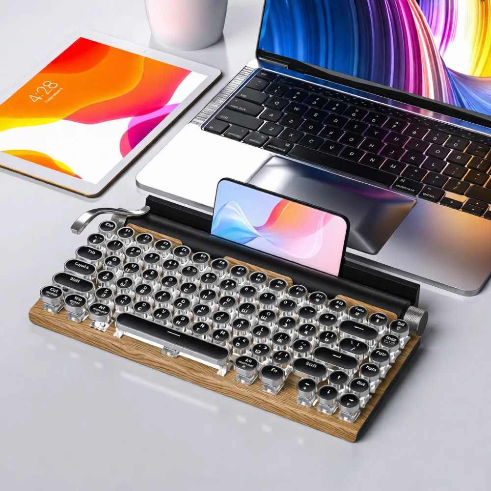 Retro Mechanical Keyboard Punk Typewriter Style Hot Swap Blue Switch Bluetooth Wired Dual Mode Office Work Gaming Peripheral