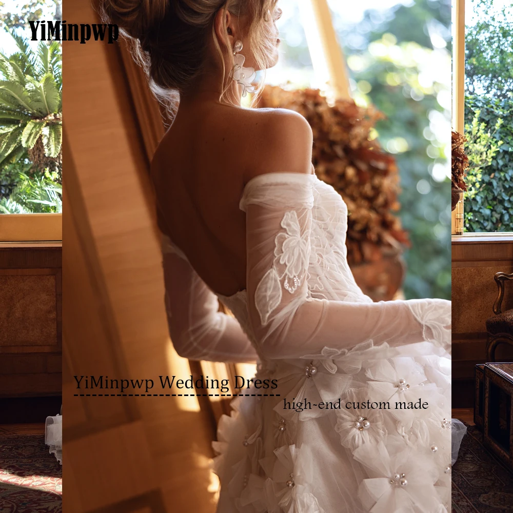 Vestido de novia de lujo con flores brillantes en 3D, vestidos de novia de playa con espalda descubierta y cuentas de manga larga para mujer, apliques de encaje, corte en A personalizado