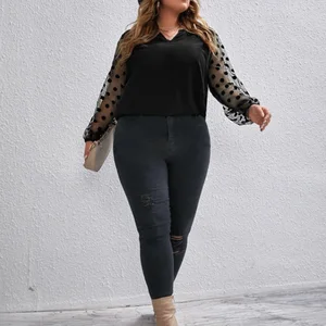 Gibsie Plus Size Notch Neck Polka Dot Mesh Ärmel 10 Hauptverkäufe Black Plus Size Bluse - №9