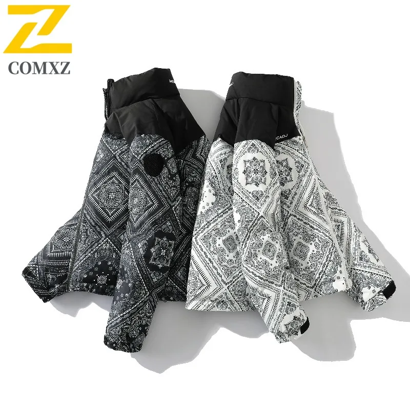 COMXZ Men Down Jacket Stand Collar 90 Percent White Duck Down Warm Parka Premium Travel Print Design Lightweight Winter Coat