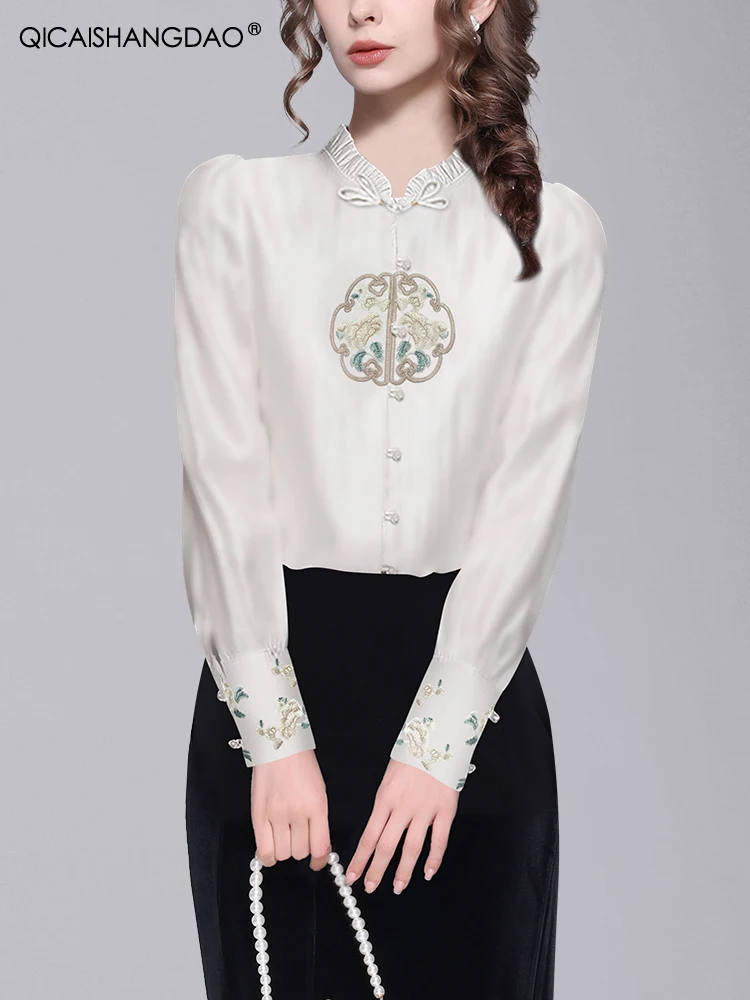 Vintage Embroidered Womens White Ruffled Shirt Long/Short Sleeve Loose-fitting Female Spring Summer Tops Work Casual Blouses