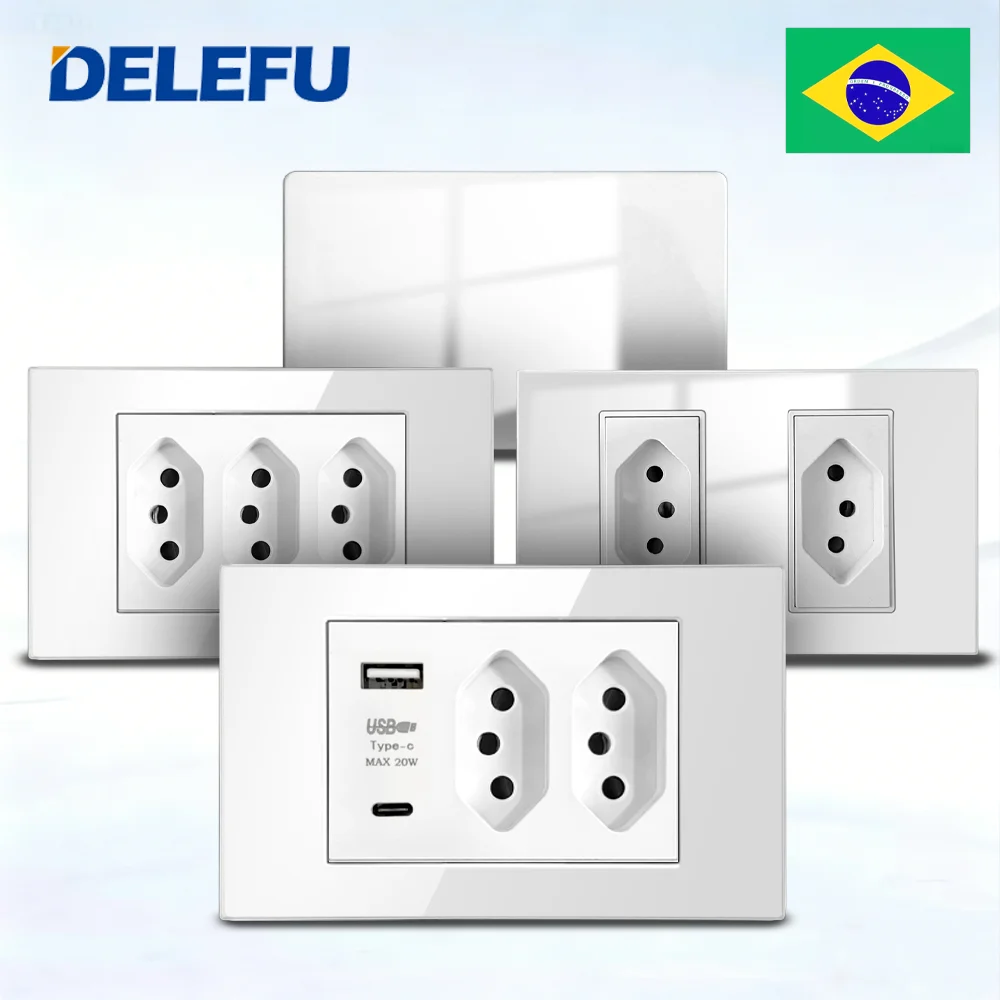 Tomada de Parede Integrada DELEFU com Módulo de Carregamento Rápido USB Tipo C, Interruptor, CAT6, 10A 20A