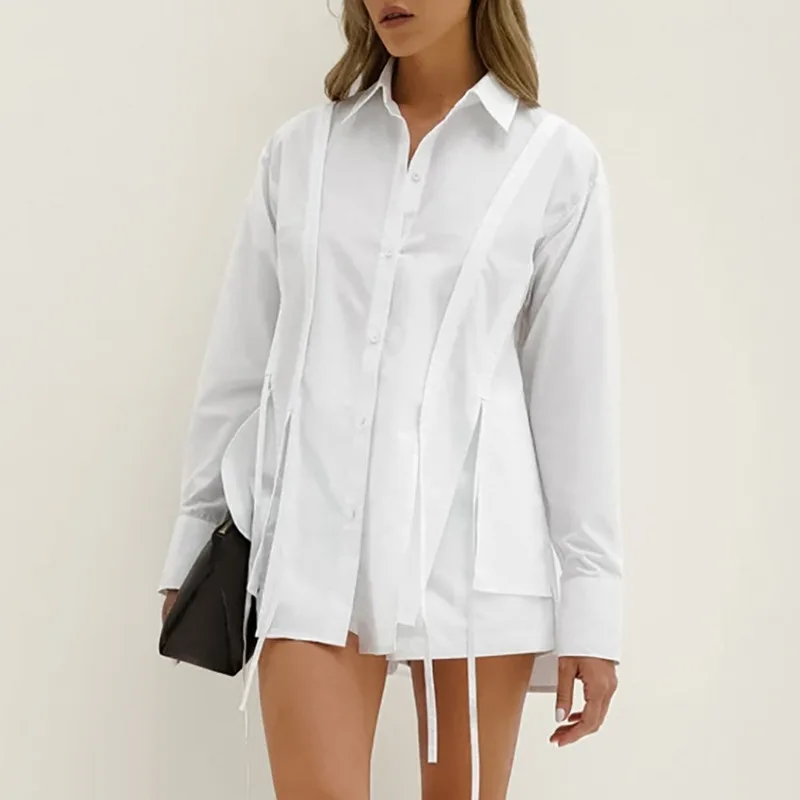 2-teiliges Damen-Set mit weißem Schlitz, langärmelig, zum Binden, Schnürung, Hemd, Quaste, langärmelig, Revers, einreihig, Shorts, Hosen, Anzüge, Pendler
