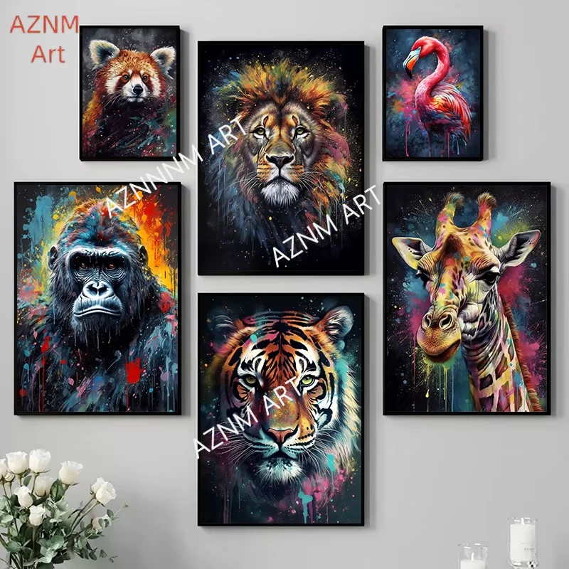 1PC ，Lion Tiger Animal Portrait Poster Print Monkey Giraffe Canvas Painting Abstract Graffiti Wall Art Picture Living Room Home