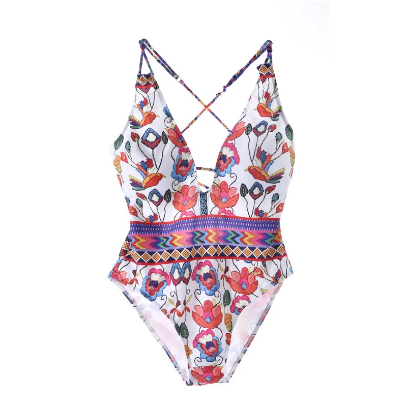 Summer Bandage Sexy V-neck Print One Piece Swimsuit Women Swimwear Female Bathing Suit Beachwear Monokini Swimming Suit