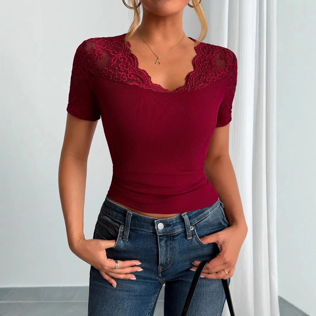 2026 Summer Ladies New Style Comfortable Collar Cuffs Spliced   Lace Short Sleeve Clothes Spring Clothes for Women