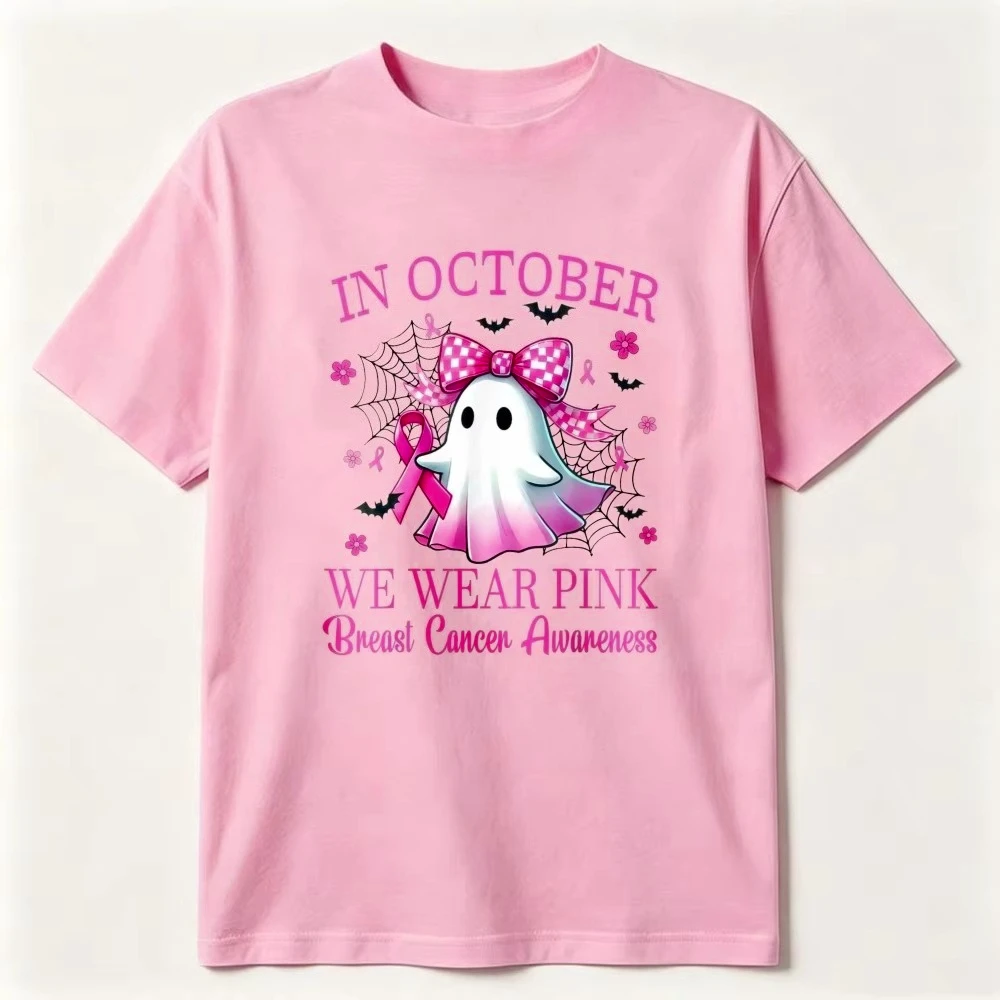 Obergrößes T-Shirt für Damen mit Oktober-Pink-Geist-Motiv, Kurzarm-Oberteil zur Brustkrebsprävention, süßes Halloween-Geist-Awareness-Promotion-T-Shirt, Unisex – Detail 10