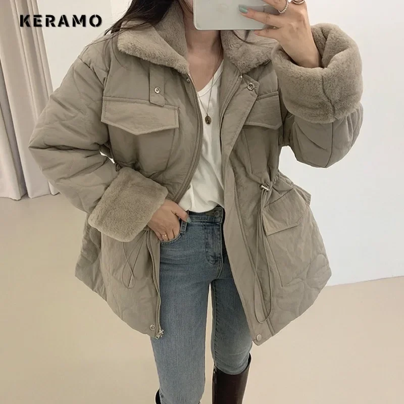 Women Casual Elegant Long Sleeve Single Breasted Parkas 2023 Winter Oversized Outerwear Jacket Fashion Warm Solid Color Coat