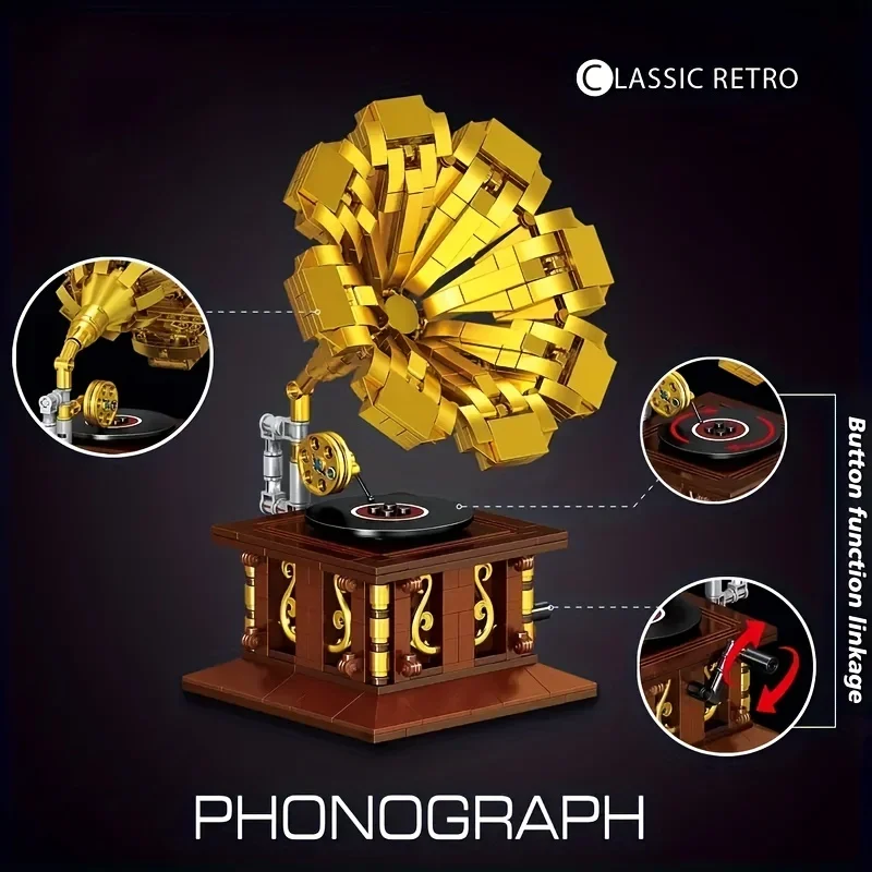 

582PCS Vintage Phonograph Model Building Blocks Desktop Decoration DIY Assembly Toys Birthday Gift Mother's Day Gift