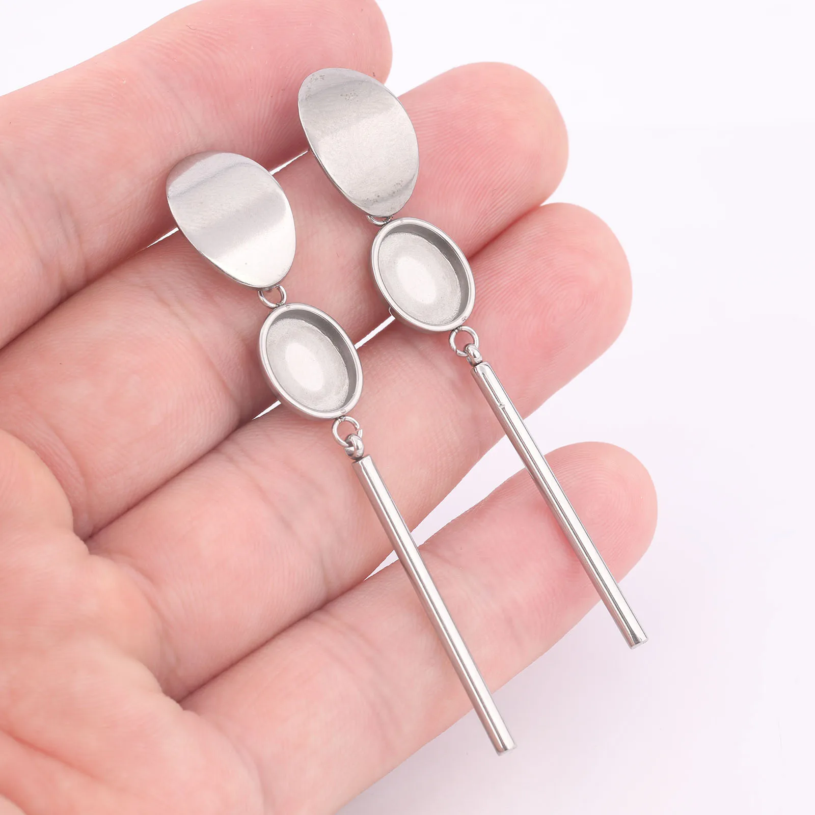

10pcs Stainless Steel Fit 8x10mm Oval Cabochon Earring Base Setting Blanks With Dangle Charms Diy Post Earrings Studs Findings
