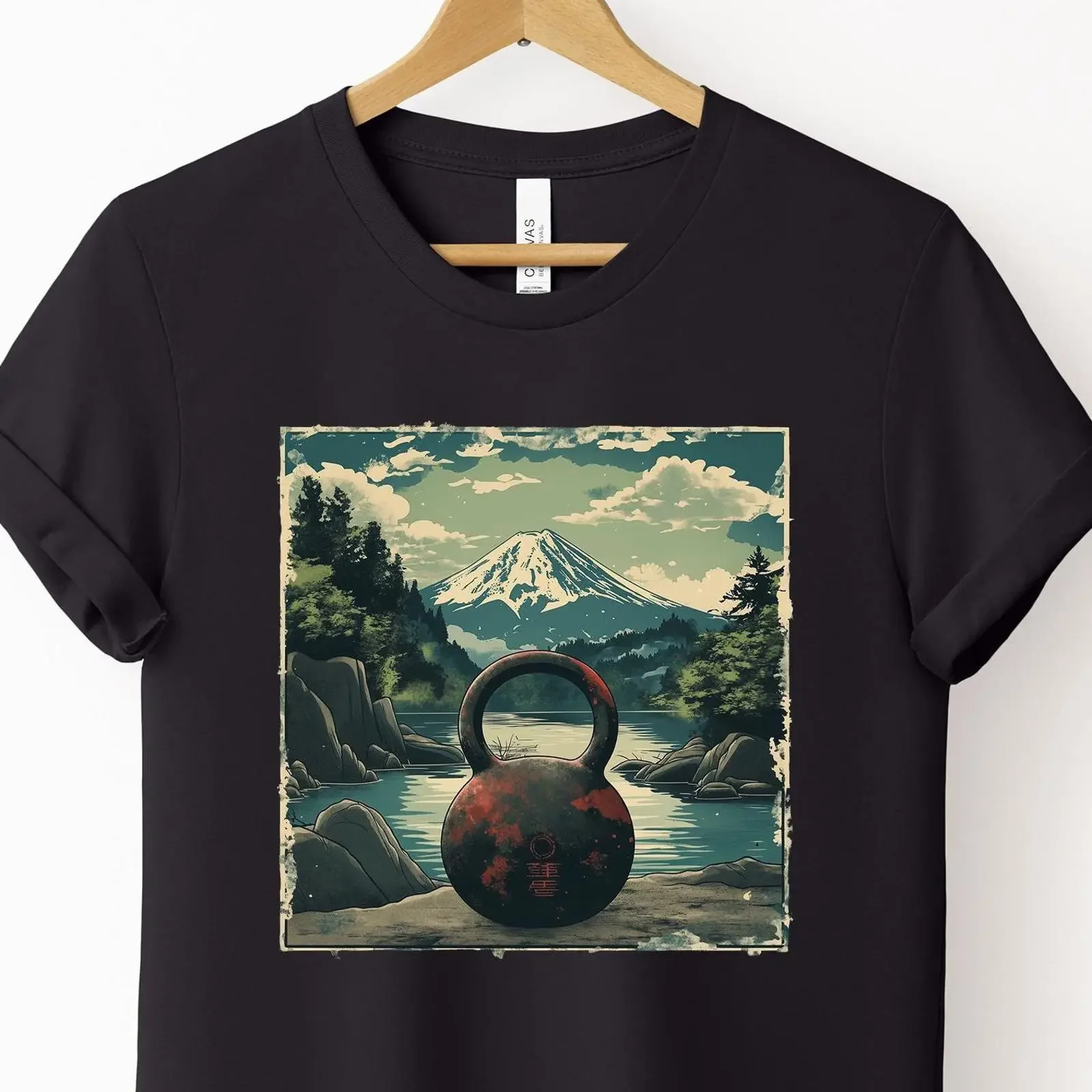 Vintage Japanese Mount Fuji Kettlebell T Shirt Gym Fitness Workout For Weightlifting Lover vintage Washed Versatile