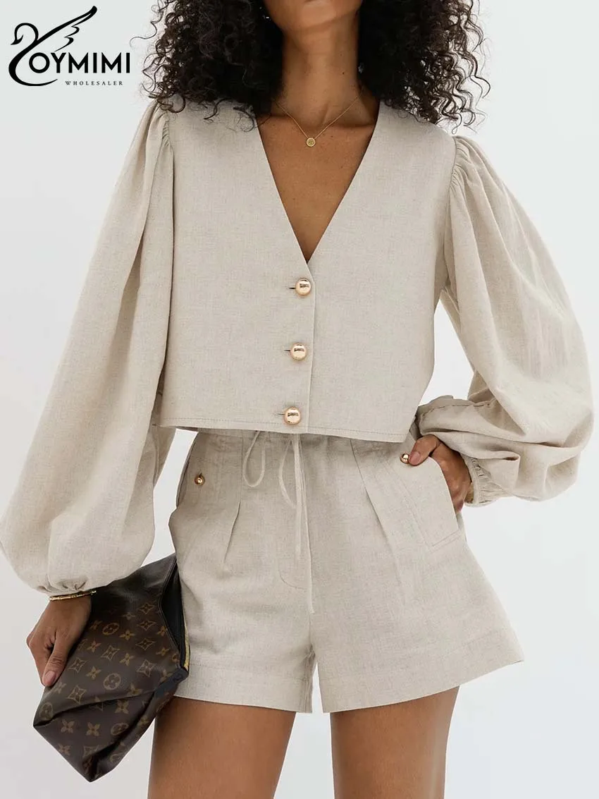 Oymimi Elegant Khaki 2 Piece Sets Women Outfit Fashion V-Neck Long Sleeve Button Shirts And Drawstring Shorts Sets Streetwear