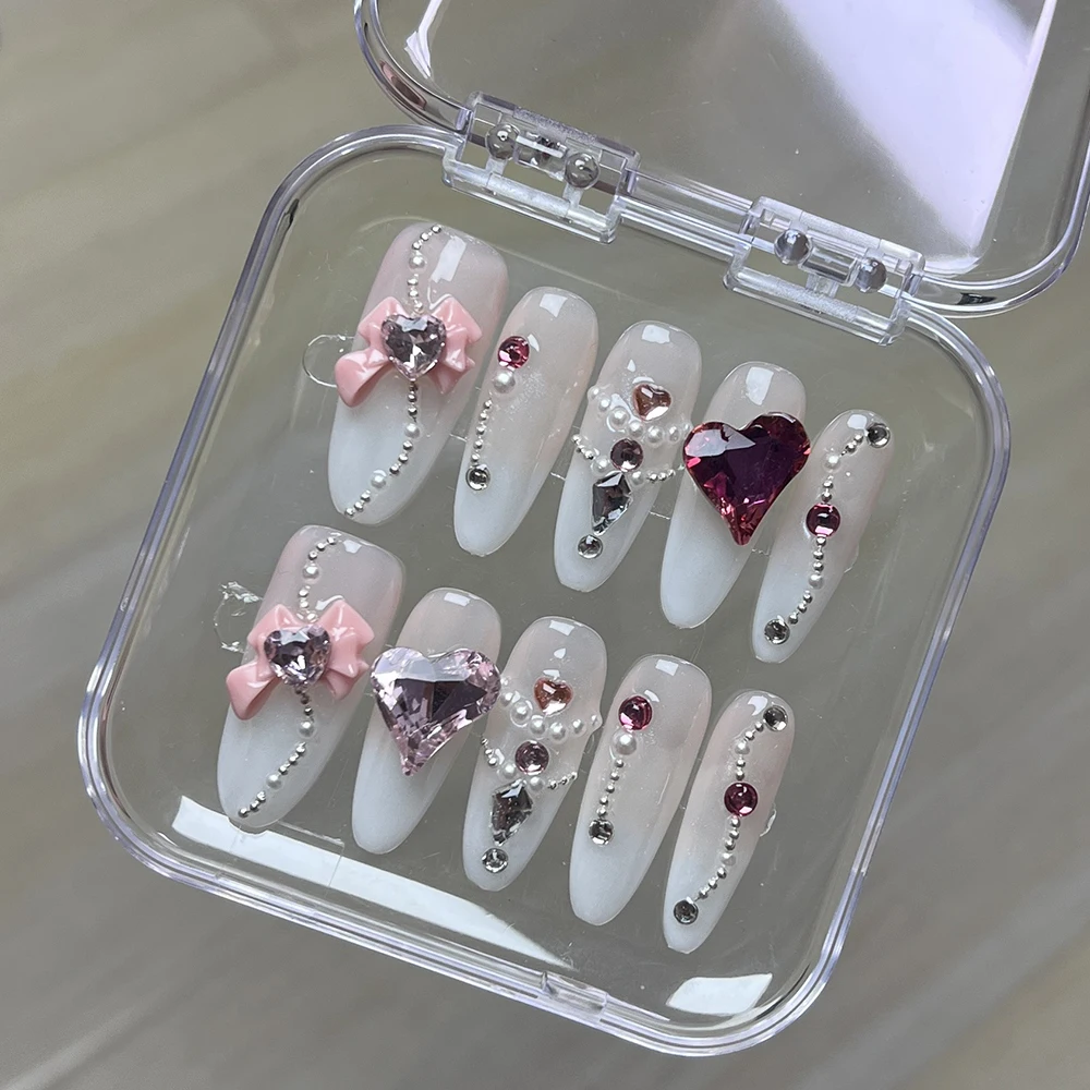 Fashion French Artifical Press on Nails Hello Kitty 3D Luxury Rhinestone Butterfly Design Detachable Reusable Full Cover Nails