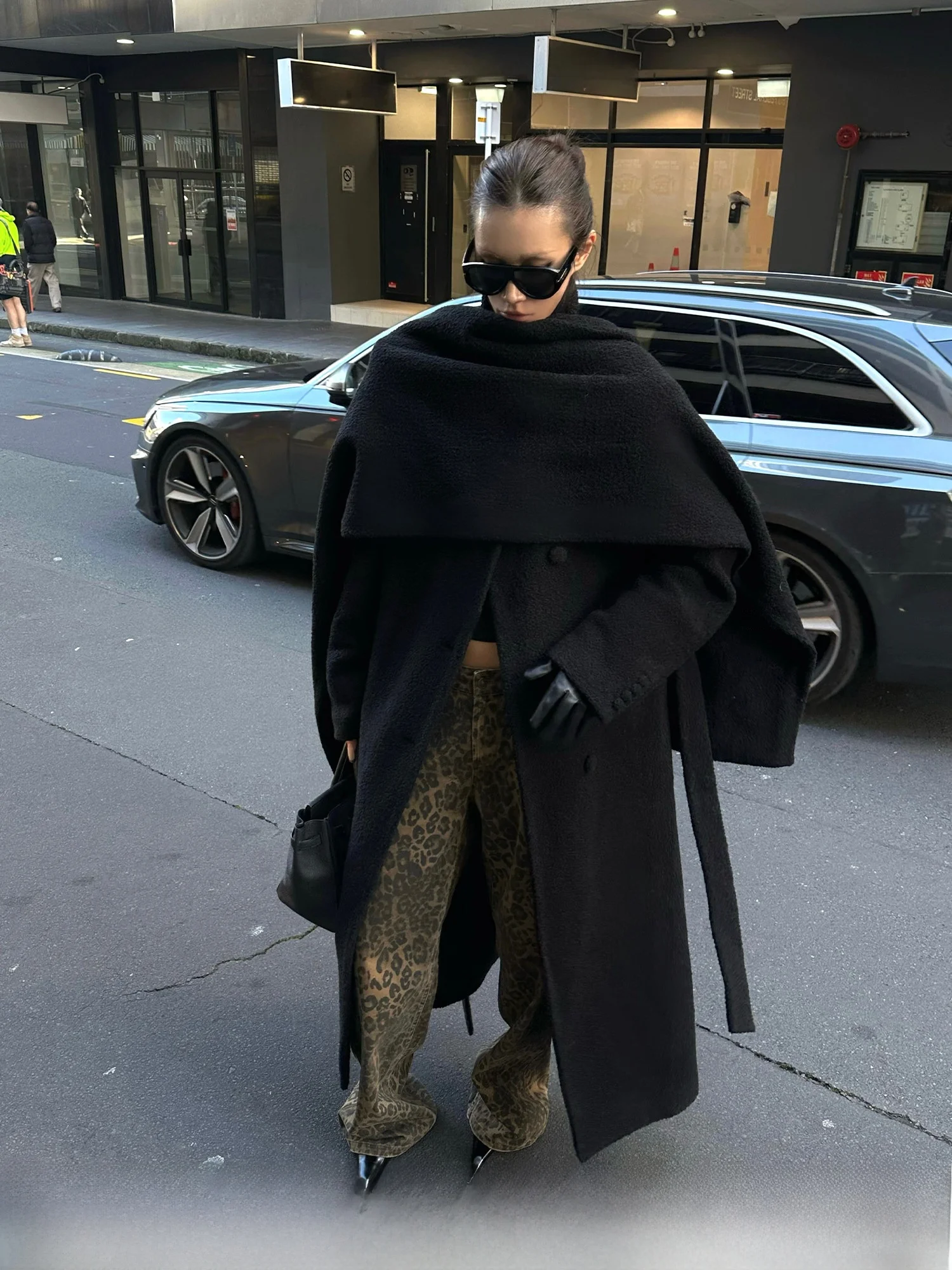 

022stepll Bla Obsidian l Color Long Woolen Coat Women's Tall Loose Stand Collar Overcoat Ele Commute Sle