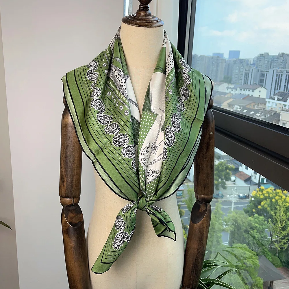 Green Silk Square Scarf for Bag Luxury Brand Handrolled Edge Shawls Bandanas Hijab Scarves for Ladies Foulard Christmas Gift