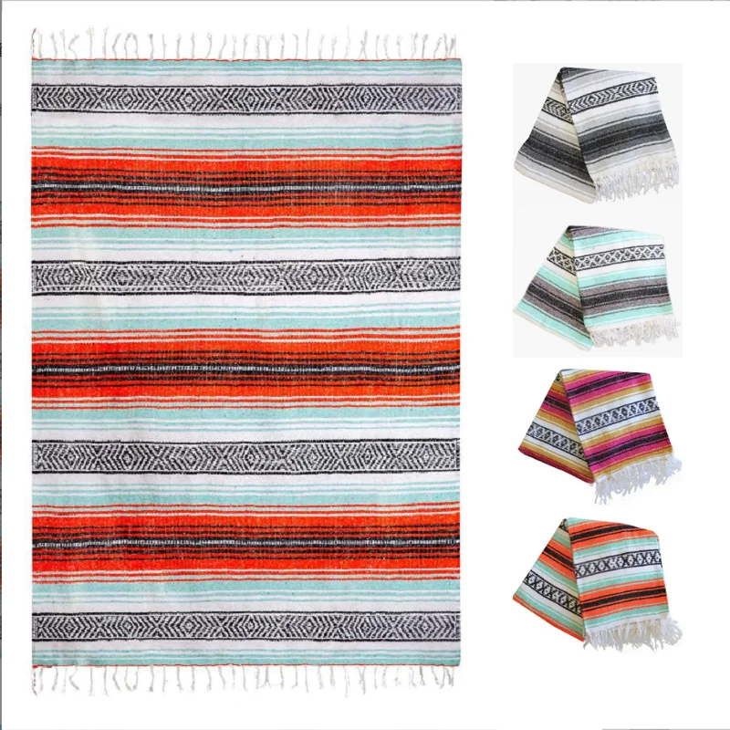 Mexican Shawl Blanket Oversized 55*70in cotton Woven Fringe Picnic Mat Yoga Summer Cushion Swimming Travel Blanket
