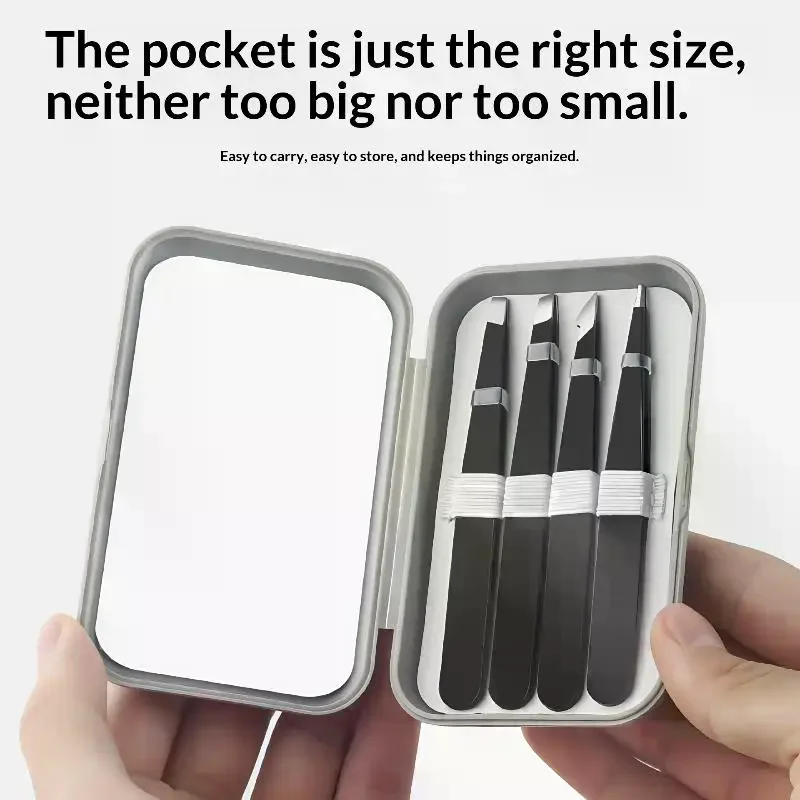 4 قطعة الفولاذ المقاوم للصدأ الحاجب كليب الملقط مجموعة الحاجب الملقط الحاجب التشذيب مجموعة أدوات الجمال والتهيأ مع علبة مرآة