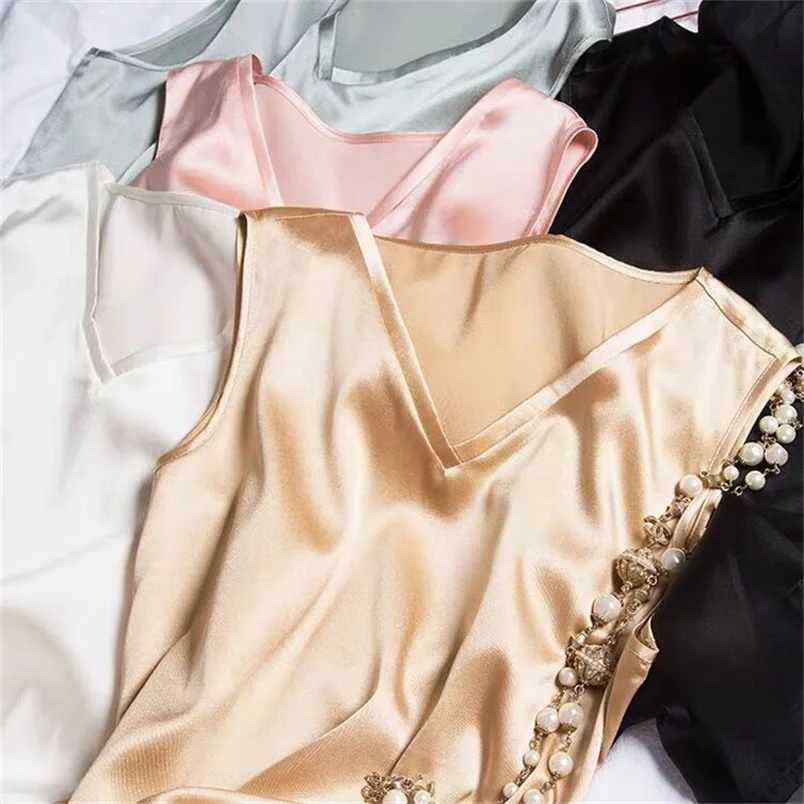 Hot sale Satin tank  Women Summer V-Neck Simple Sleeveless ice silk Shirt Slim Fit Casual Bottoming Vest plus size Clothing