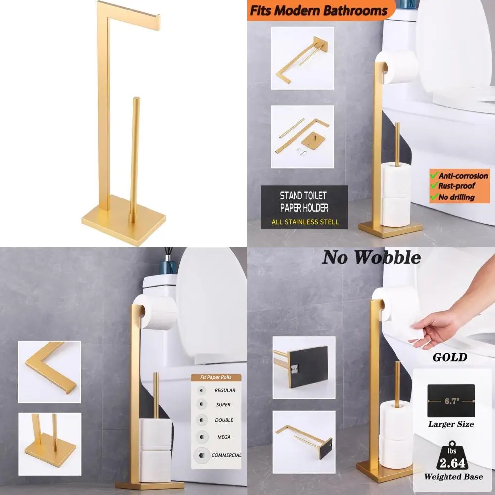 

Золотой держатель для туалетной бумаги, отдельно стоящий с резервным держателем для рулона салфеток из нержавеющей стали, напольная подставка для хранения DZY004-BE