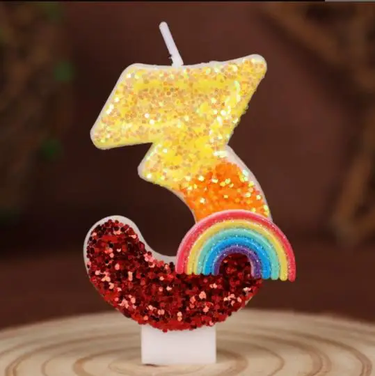 1 STÜCK Geburtstagszahl 0-9 Kerzen Regenbogenthema Geburtstagskerzen für Kuchen Rosa Grüne Ziffer Kerze Kuchendeckel mit Pailletten – Detail 8
