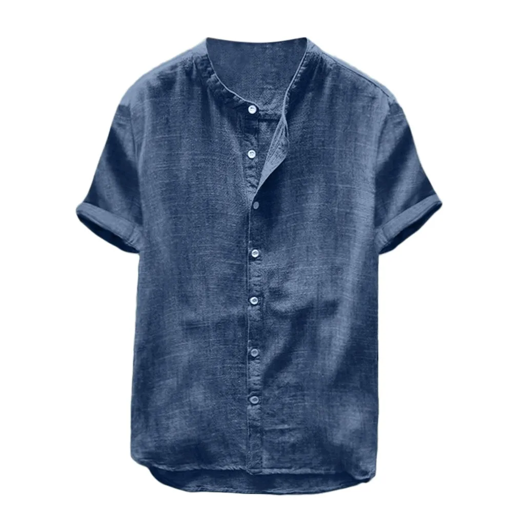 Chemise d'été en coton et lin pour hommes, couleur unie, manches courtes, tunique rétro