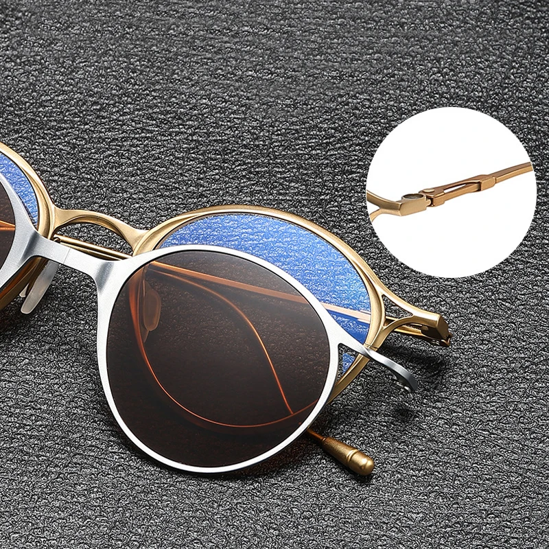 2 In 1 Pure Titanium Foldable Magnetic Clip Vintage Round Eyeglasses Frame Men Polarized Sunglasses Luxury Brand Design Eyewear