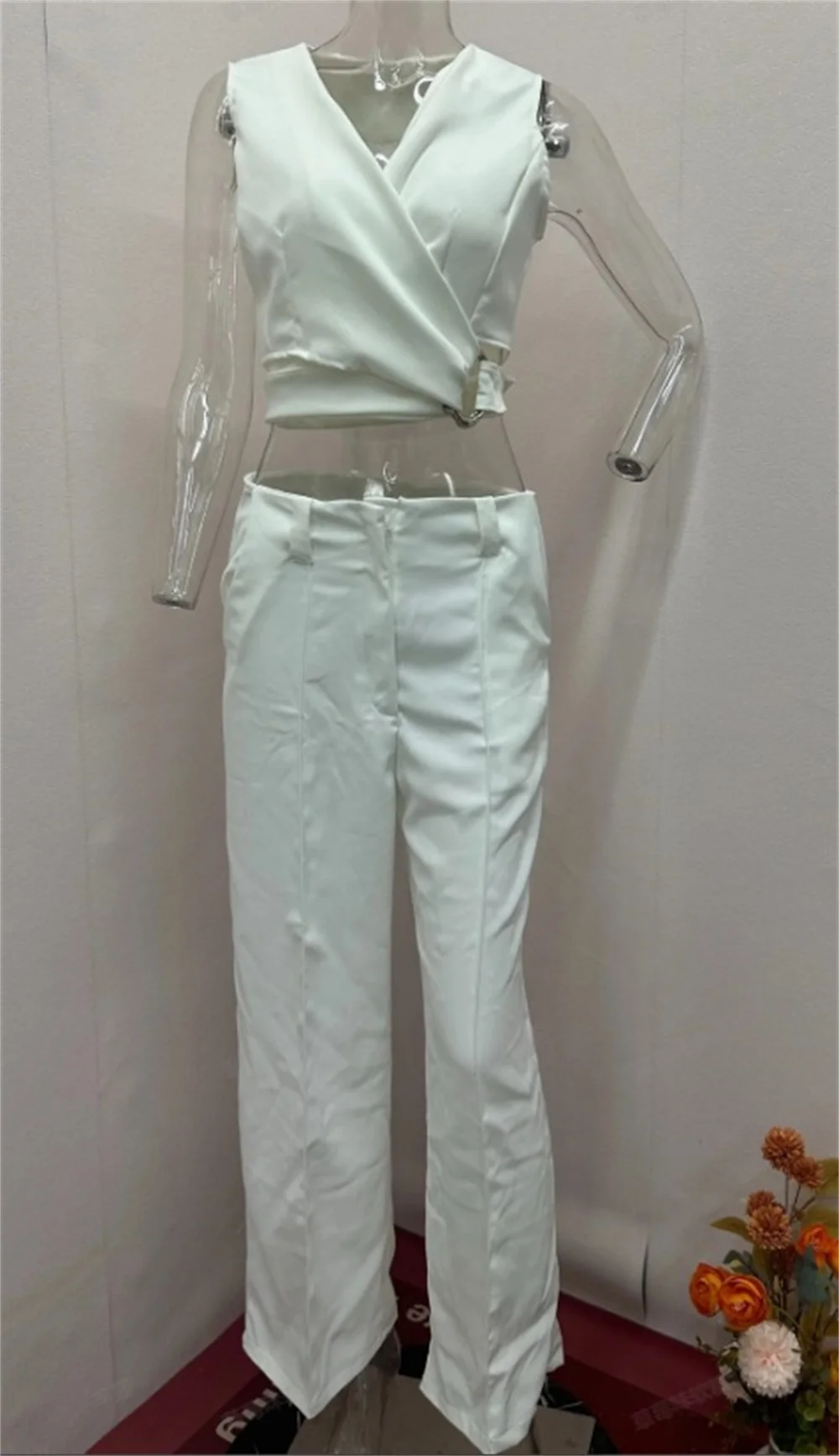 Summer White Vest and Pants 2 Piece Set for Women Elegant Cross Slim V Neck Sleeveless Tops and High Waist Wide Leg Long Pants