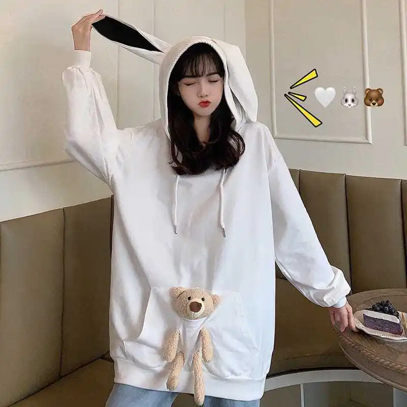 Autumn Winter Oversized Womens Hoodies Loose Sliming Pockets Bear Fashion Pullover Casual Hooded Jacket All-match Hoodie Women