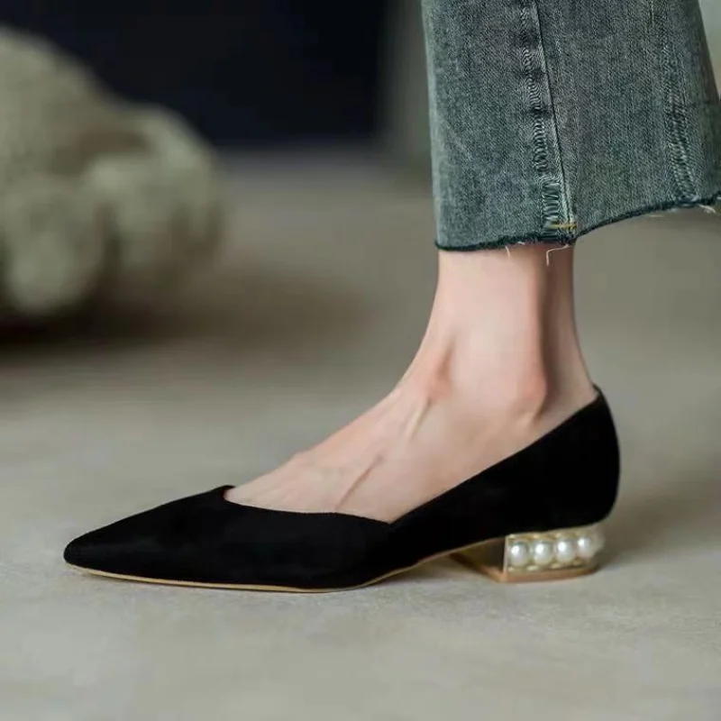 Low Heel Elegant Pointed Toe Pearl Shoes for Woman 2024 Formal Women\'s Summer Footwear White on Offer Slip Promotion Comfortable