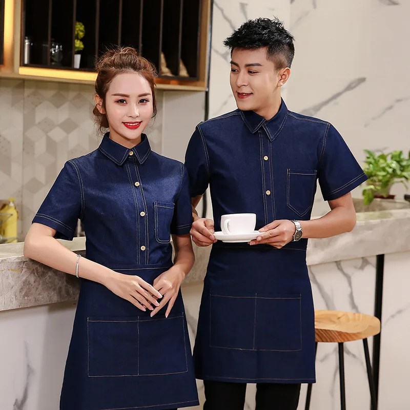 

Wholesale Supply Coffee Shop Work Clothes Short Sleeve Women's Thin Denim Restaurant Waiter Summer Catering Uniform with Apron