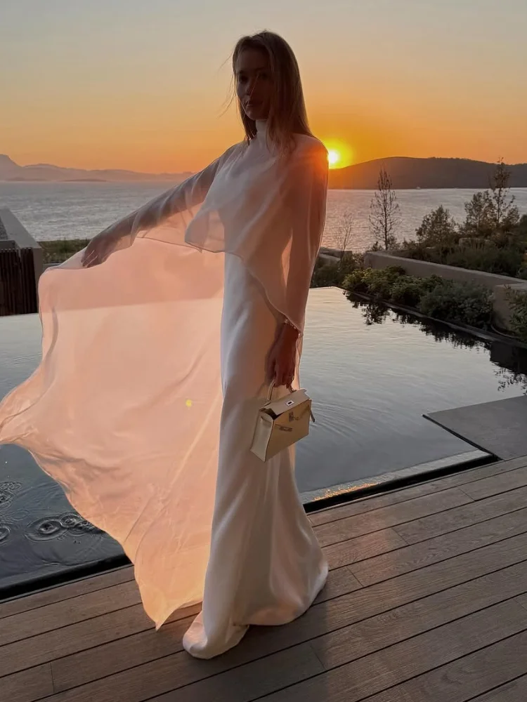 Chic Mesh Cape Schal Maxi Kleid Frauen Elegante Solide Ärmel Off-schulter Satin Sling Lange Kleider Dame Urlaub Party kleider