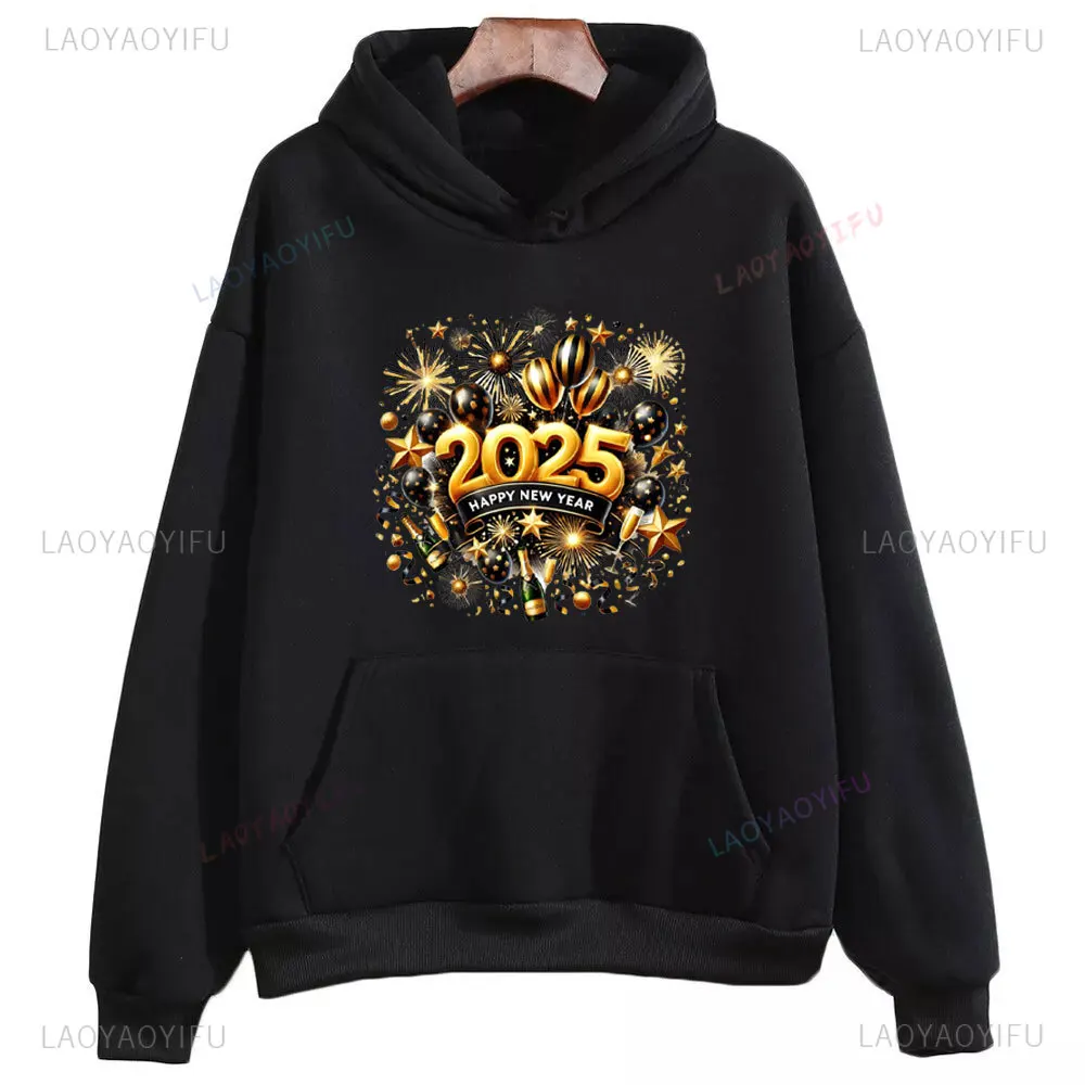 2025 Happy New Year Fireworks Champagne Woman Printed Sweatshirt Celebrate The New Year Outdoors Warm Hoodie Unisex Pullover