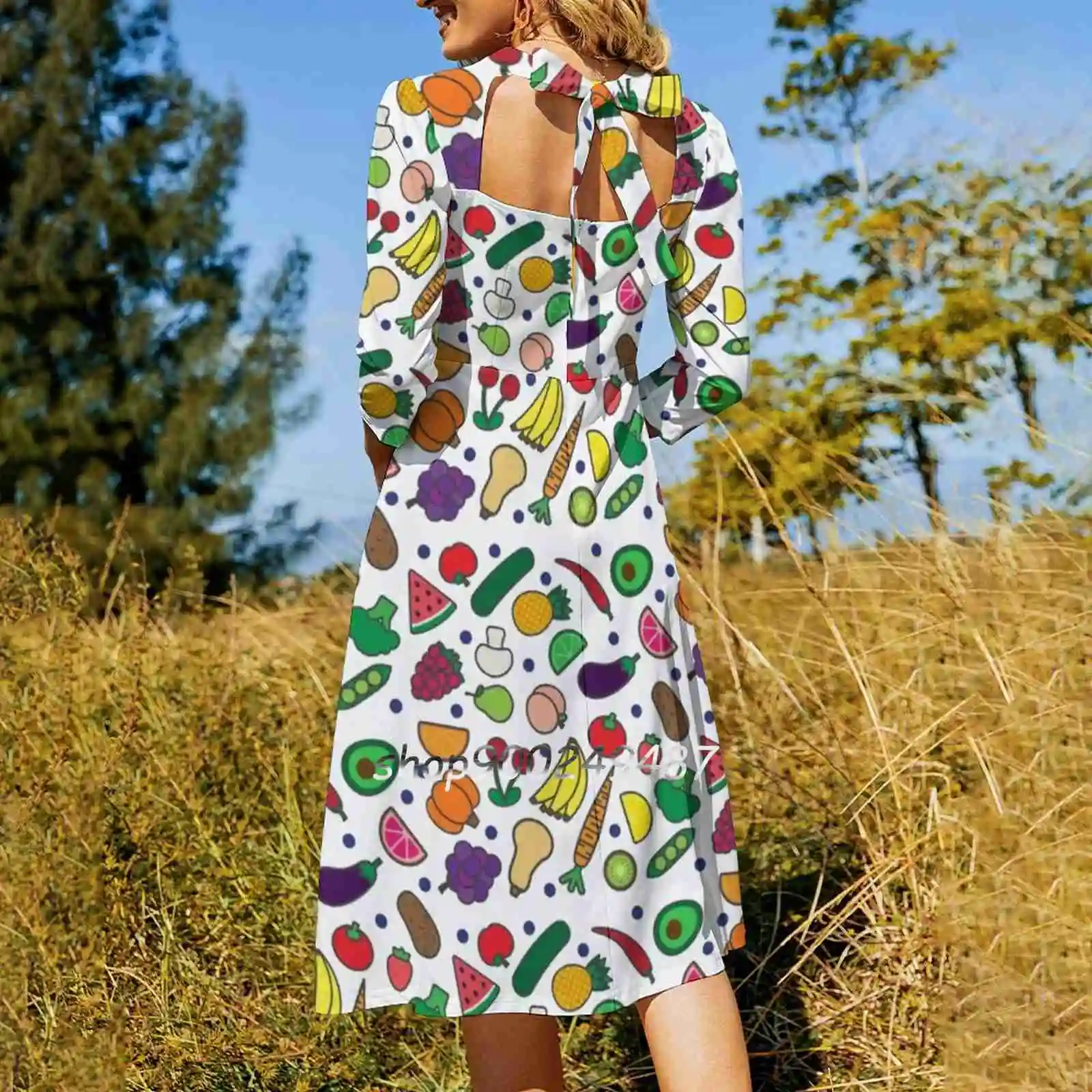 Fruits And Veggies! Sweetheart Knot Flared Dress Fashion Design Large Size Loose Dress Vegetarian Veggie Vegan Veg Fruits