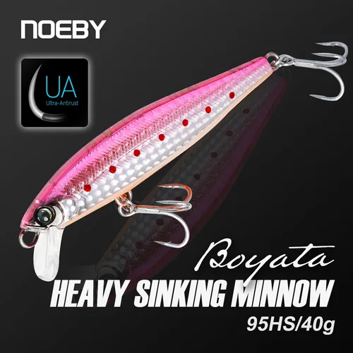 NOEBY-señuelo de pesca de pececillo de hundimiento pesado, 95mm, 40g, cebo duro Artificial de fundición larga para atún, cola amarilla, señuelo de pesca de mar