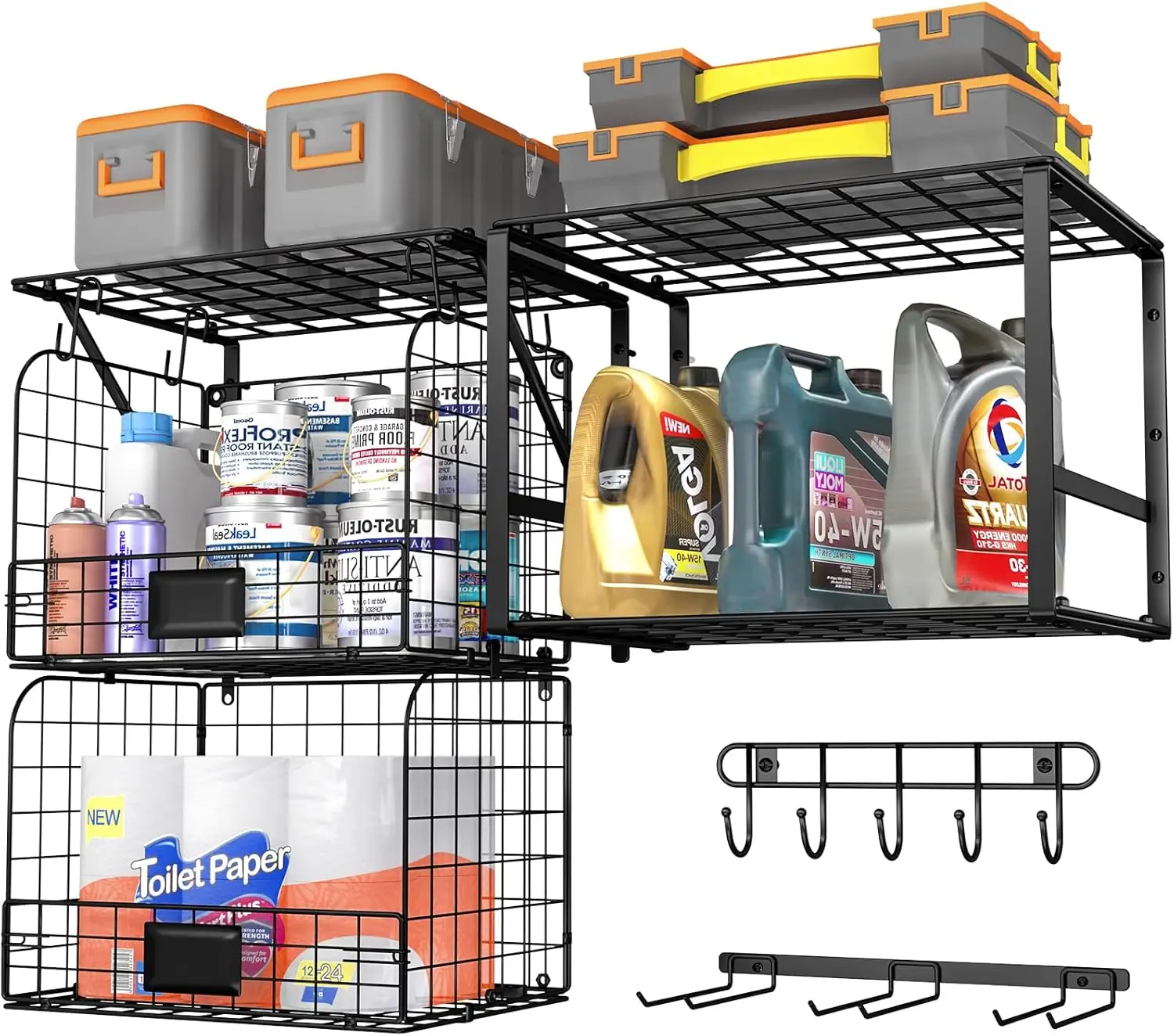 

Garage Shelf Wall Mounted with Wire baskets, Heavy Duty Garage Wall Shelving with Garden Tool Rack and Hooks, Wire Shelf