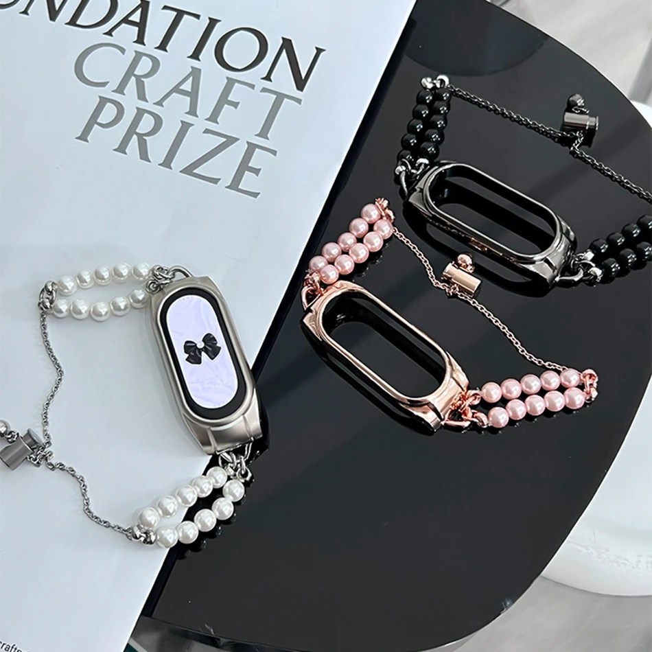 For Xiaomi Mi Band 8 7 6 5 Strap Fashion Luxury Dual Pearl Chain Bracelet Miband 8 Stainless Steel Replacement Wristband Correa