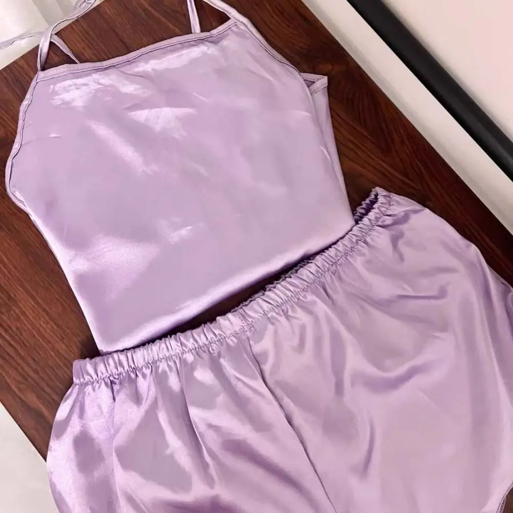 

Lace-up Ice Silk Pajamas Set Homewear Summer Sleeveless Pajamas Womens Thin Sleepwear Camisole Shorts Nightwear Girls