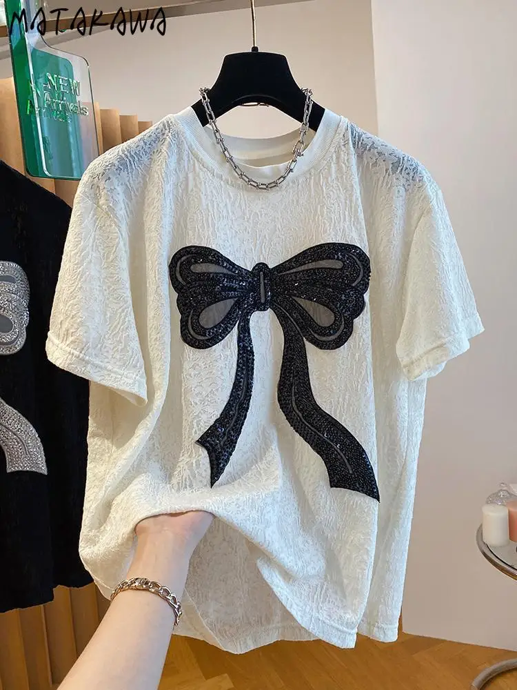 

Matakawa Sequins T Shirt for Women Big Bow Korean Fashion Vintage Ropa De Mujer Spring Summer Loose Lace Simple Camisetas