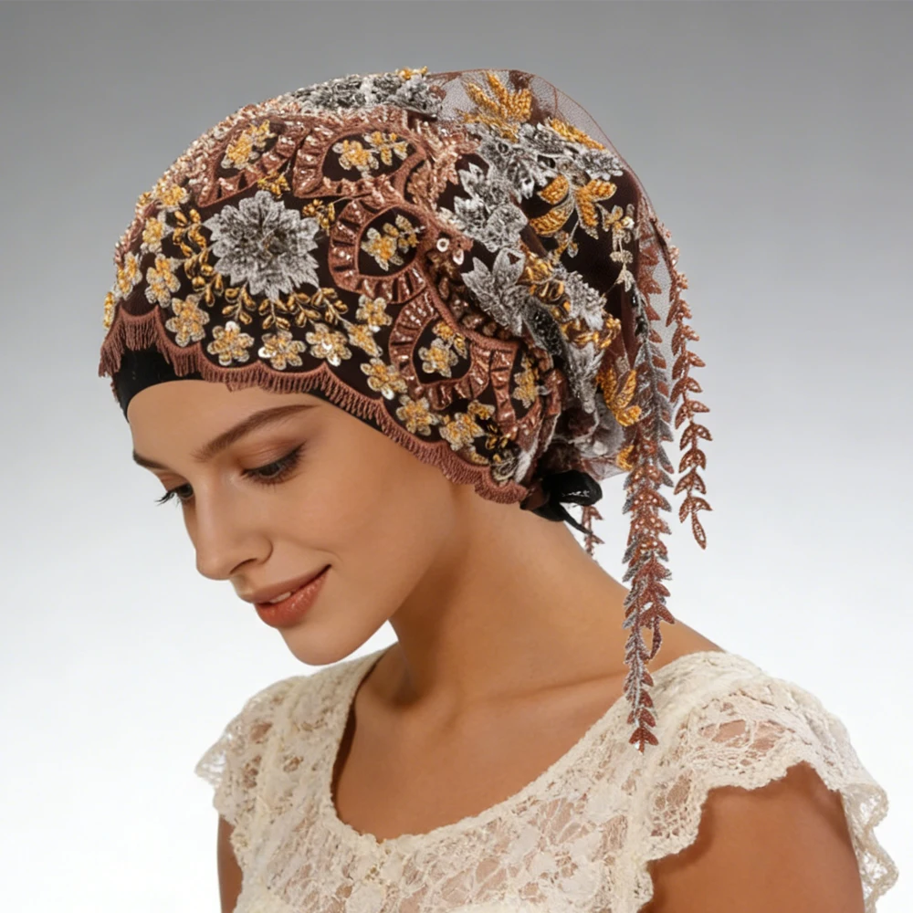 

New Ethnic Tassel Headscarf Beaded Embroidery Turban Luxury Tassel Bonnet Women Muslim Hijab Lace Wedding Party Headwear Beanies