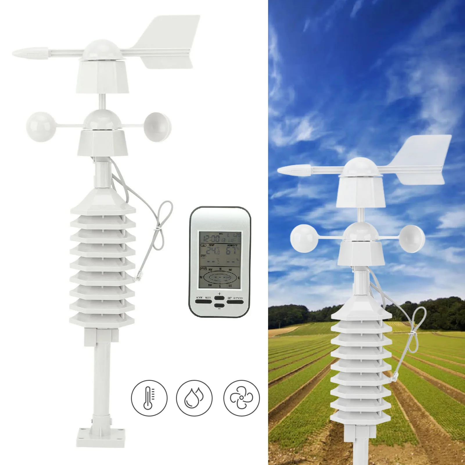 

Wireless Anemometer Dual Mount Wind Sensor LCD Weather Station Clock Wind Speed Direction Chill Home Temperature Humidity Meter