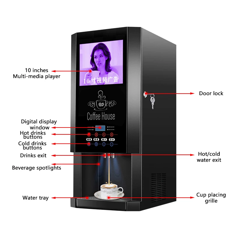 30SCW-8L Hot Sell Commercial Video Instant Coffee Beverage Machine Hot/Cold Self Service Coffee Vending Machine