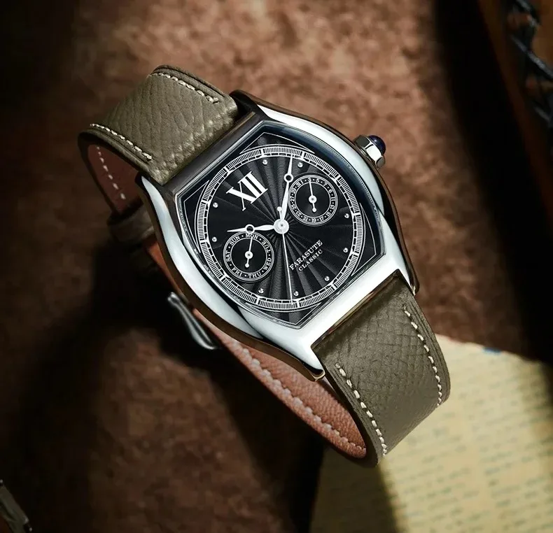 ساعة FARASUTE للرجال 36 ملم حافظة تونيو كوارتز ساعة يد ياقوت مينا VH64 تقويم مزدوج تاريخ الأسبوع