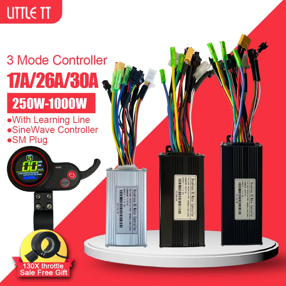 Ebike Sinewave Controller 36V/48V 17A 26A 30A Three Mode With LCD V889 Display For Electric Bike Brushless Without or With Hall