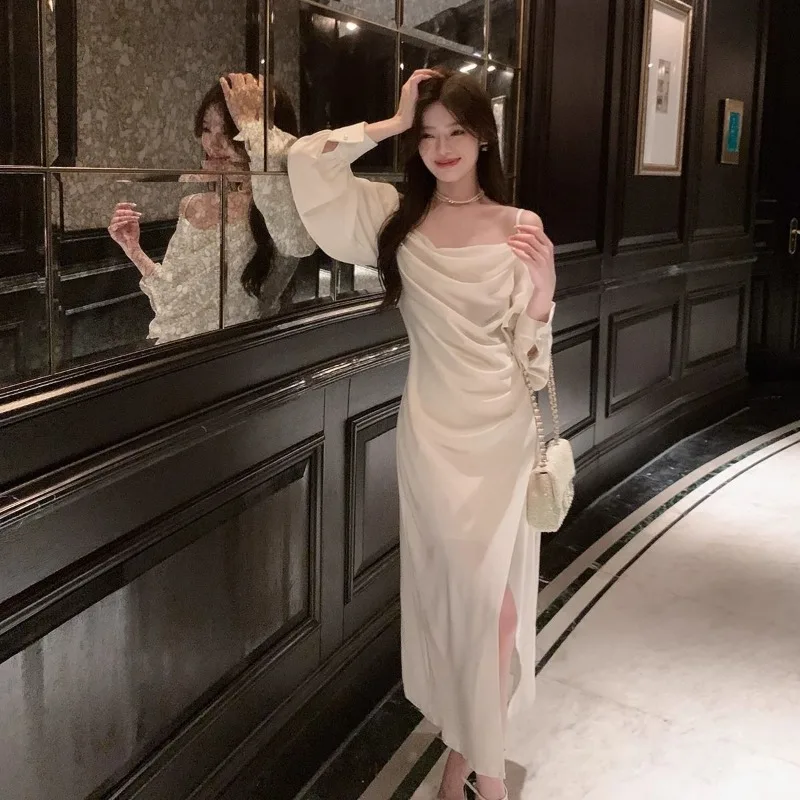 Robe à bretelles en Satin, épaules dénudées, col fendu, jupe longue fendue, atmosphérique, automne