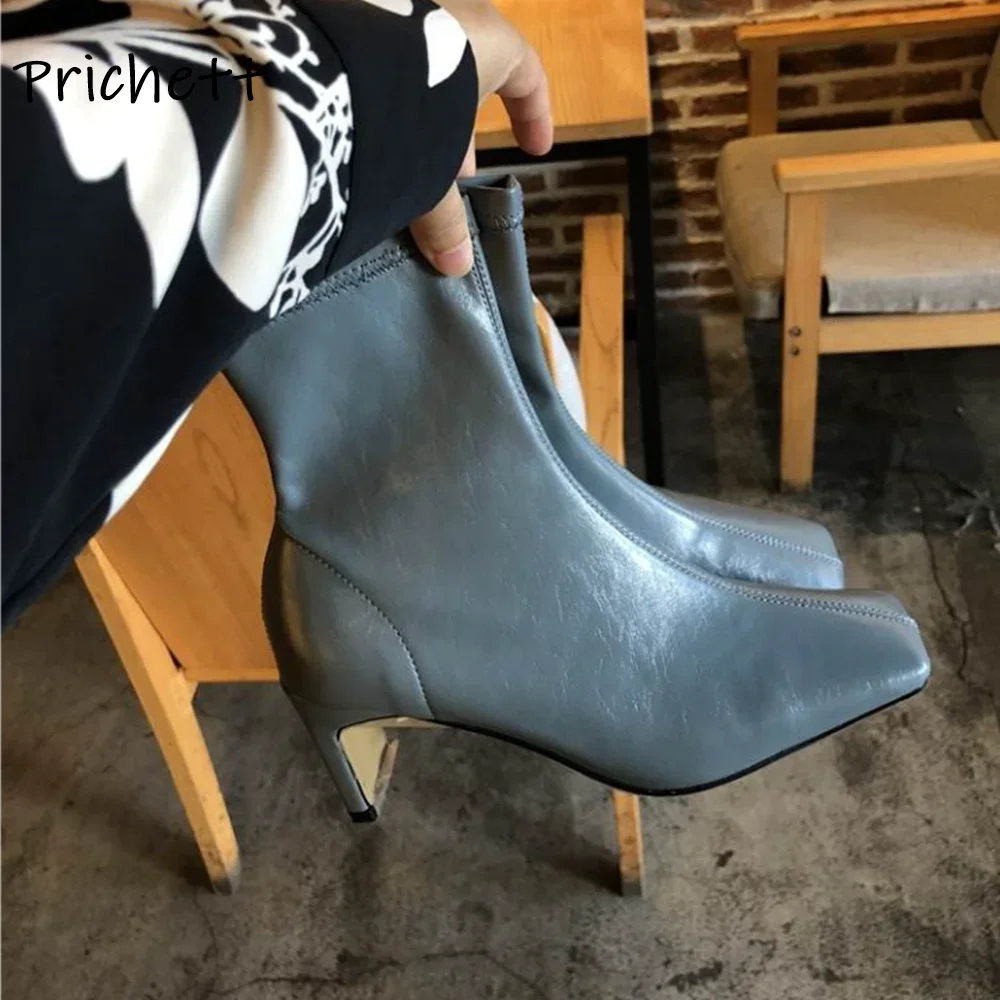 

Genuine Leather Elastic Boots Square Toe Solid Chunky Heels Side Zipper All Match Ankle Boots Women's Winter Leisure Shoes 2025