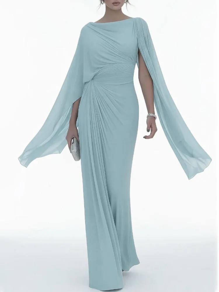 Elegant High Waist Solid Color Banquet Dress Lady Leisure Irregular Long Sleeve Dress Sexy Slash Collar Pleat Slim Evening Dress