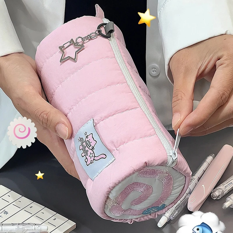 الوردي منشفة لفة مقلمة Kawaii لينة القلم حقيبة التخزين حقيبة مستحضرات التجميل الكرتون سعة كبيرة طالب القرطاسية اللوازم المدرسية