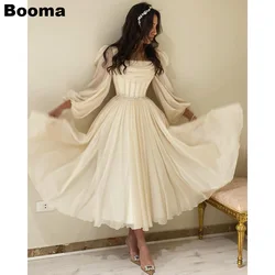 Booma Ivory A-Line Chiffon Prom Dresses long Puff Sleeves Pleats Crystal Beaded Formal Party Elegant Gowns Dubai Evening Dress